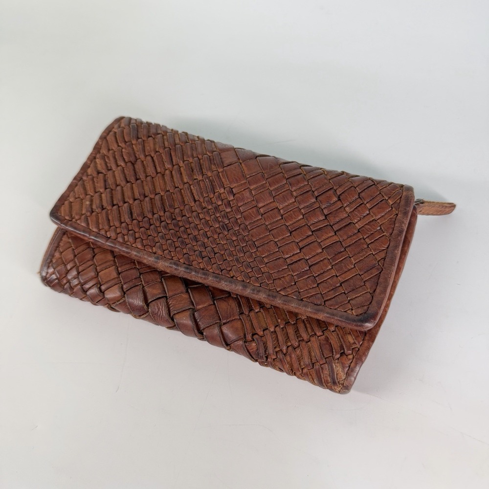 Genuine Leather Brown Bifold Basket Weave Zip Clutch Wallet Coin Pouch Card Snap